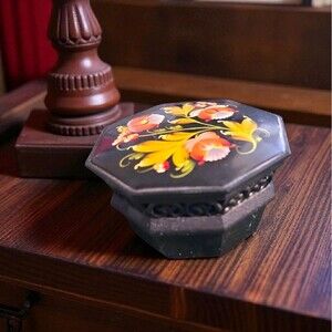 Vintage USSR Mini Jewelry Box Hand-Painted Floral Black Octagon Trinket Soviet